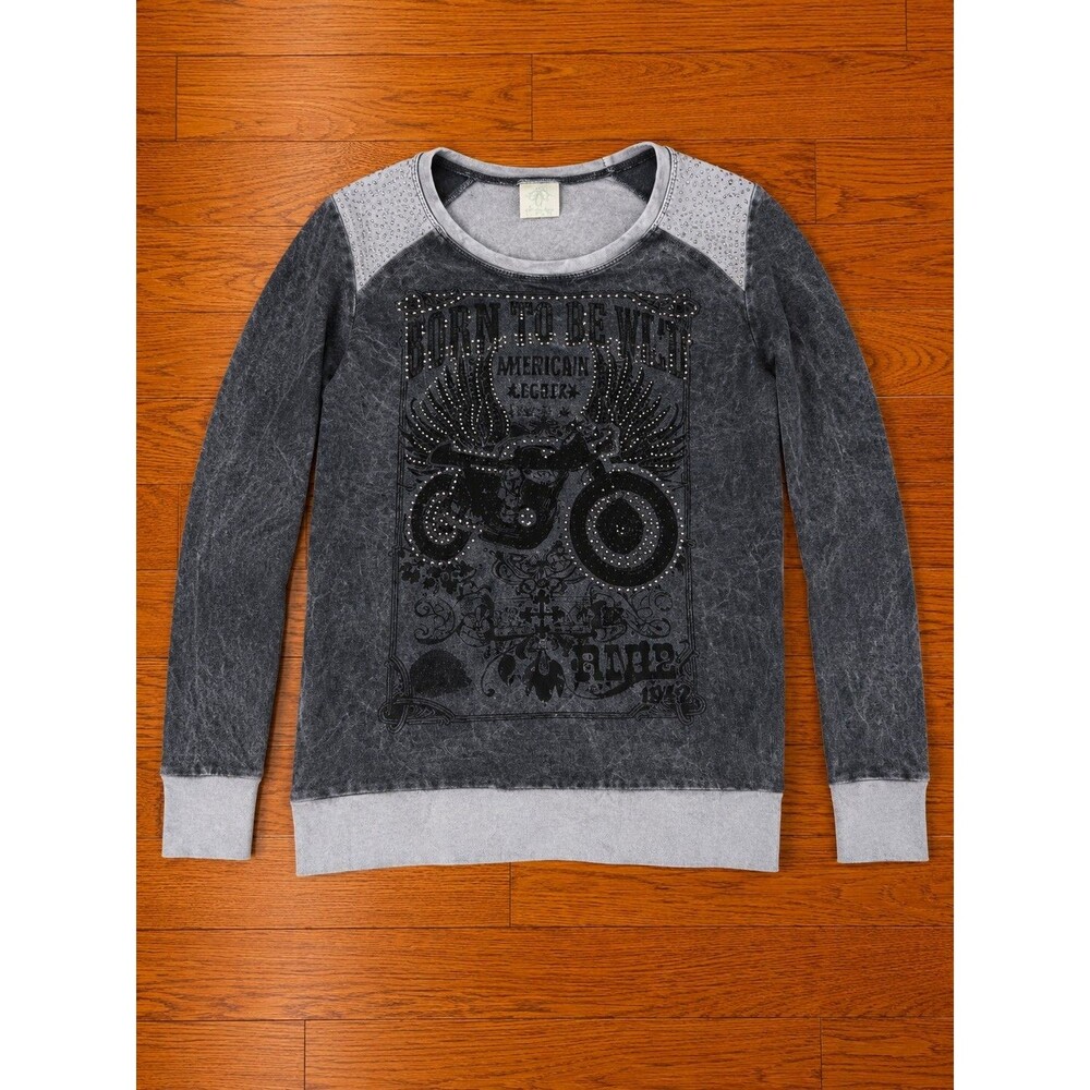 Vocal Rebel Rock Skull Shirt Womens Large Gray Black LS Bling Biker Babe Y2K